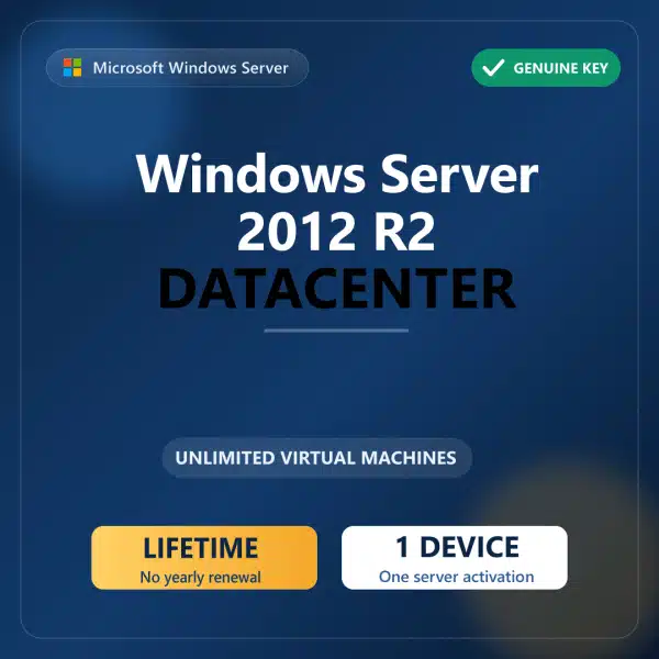 Windows Server 2012 R2 Datacenter lifetime license key for 1 device with unlimited virtual machines